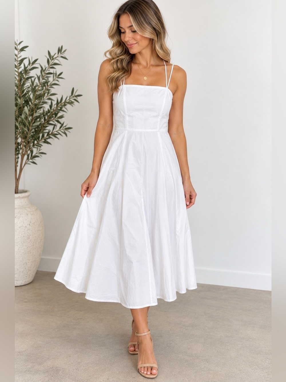 Joie White Strappy Midi Dress Size 10 Fit & Flare Cotton Blend